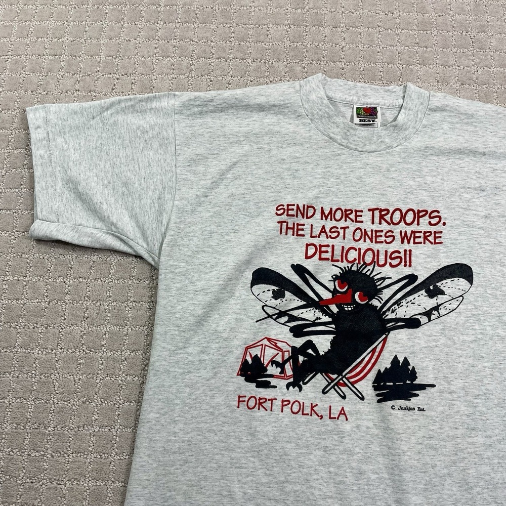 Vintage‎ 90s Funny Mosquito Fort Polk, LA Camping Size Large Outdoors Bug Tshirt